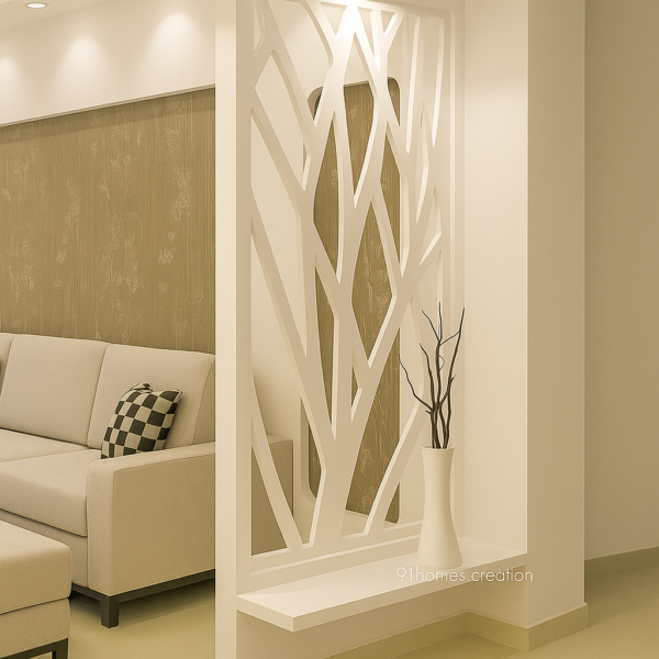 Beige and brown living room with CNC-cut designer divider panel.