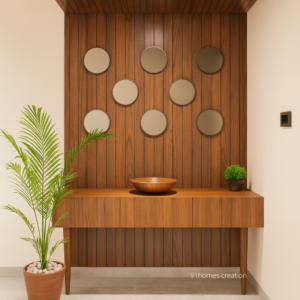 Walnut mirror foyer with circular wall mirrors and wooden bowl on console