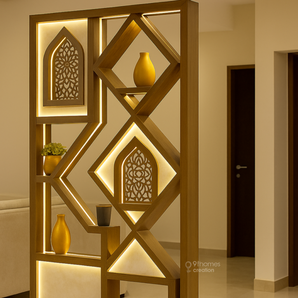 Wooden room divider with CNC-cut design and matte finish panels