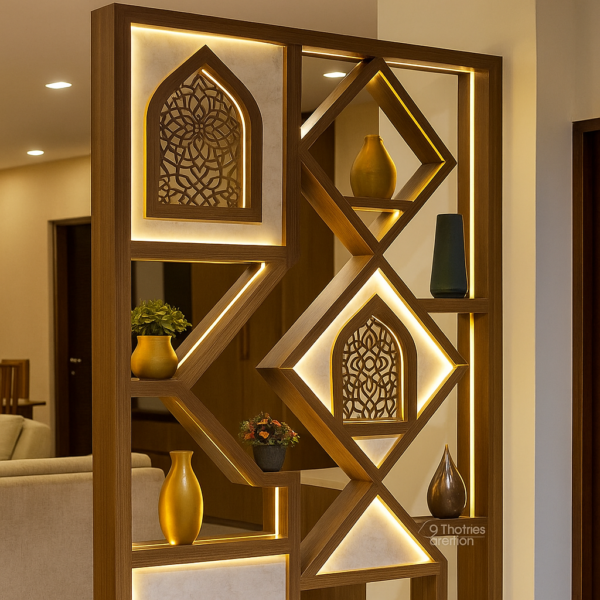 Teakwood Partition with CNC Arch Panels and LED Lighting