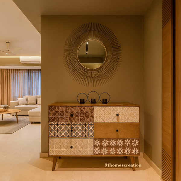 Designer wooden foyer unit with sunburst round mirror and textured drawers