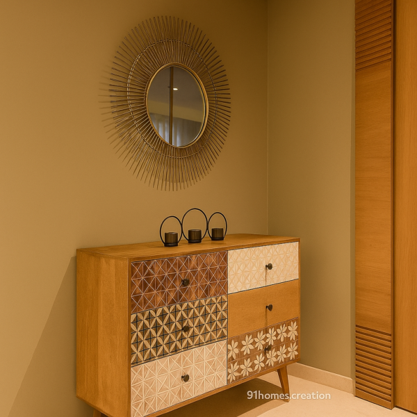Beige and brown entryway cabinet with geometric patterned laminate finish