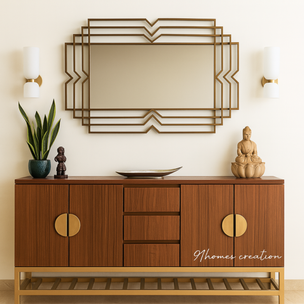 Walnut and gold designer foyer unit with Art Deco rectangular mirror and brass handles