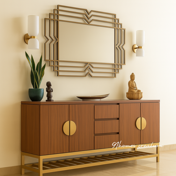 Modern wooden console table with round golden knobs and cream wall background