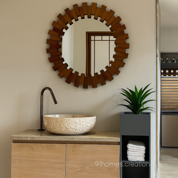 wooden stone basin foyer with circular mirror and marble flooring