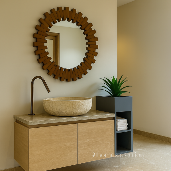 Modern wooden stone basin with circular mirror and marble flooring