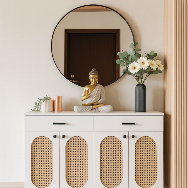 White rattan foyer unit with round black mirror and Buddha statue