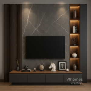 Grey Marble TV Unit with marble wall panel and open shelves