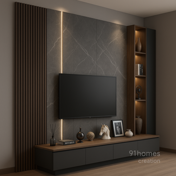 Contemporary TV cabinet design with fluted slats, LED lighting, and display decor