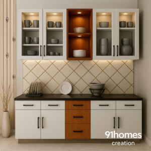 Beige and White Crockery Unit the Modern modular kitchen with white and wooden cabinets, black granite countertop, and glass shelves.