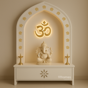 Cream arched pooja mandir with Ganesha idol, golden backlit Om symbol, and brass diyas on marble floor