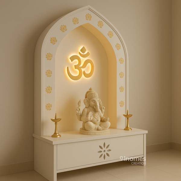 Cream Arched Mandir with Backlit Om and Brass Diyas - Image 2