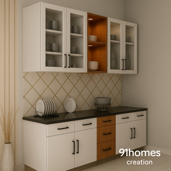 Contemporary L-shaped kitchen design with diamond-tile backsplash and soft under-cabinet lighting.