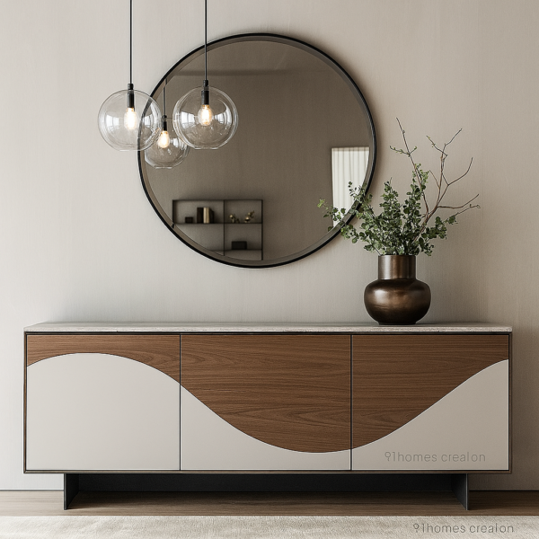 Two-tone walnut foyer with curved beige laminate finish and marble top