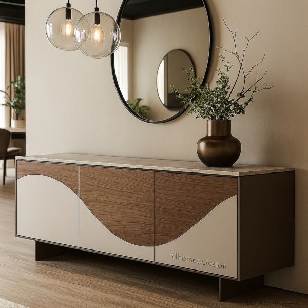 Modern floating foyer unit with walnut veneer, black base, and round mirror