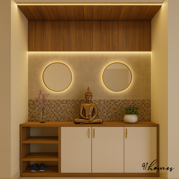 Warm wood Buddha foyer with round mirrors and mosaic wall tiles