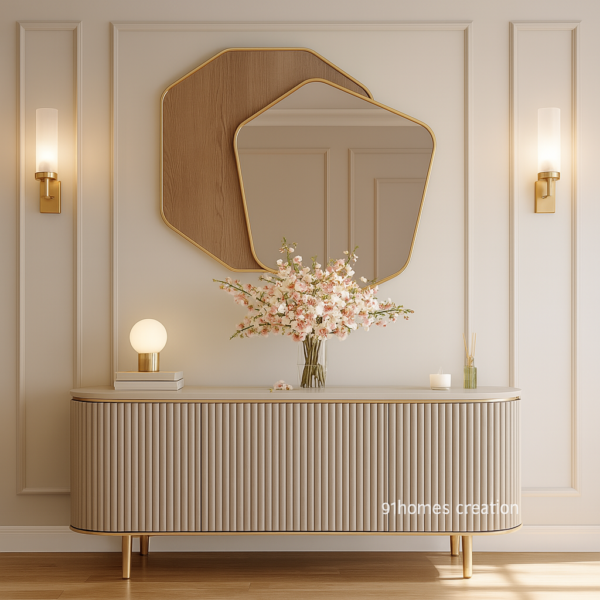 Cream Console Foyer with Golden Accents and Wall Mirror