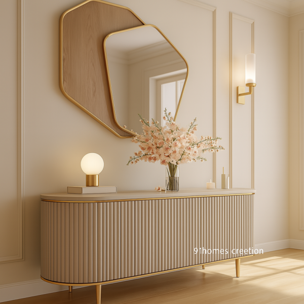 Elegant cream console foyer with cherry blossom vase and wall lights