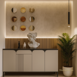 Artistic beige-wood foyer with LED lighting and wall sculpture decor