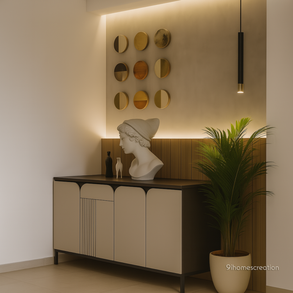 Modern beige console with round wall art and wooden panel backdrop