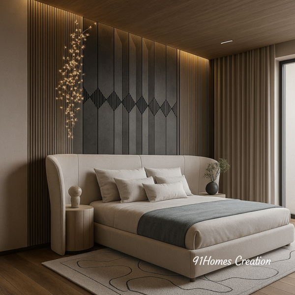 Luxury bedroom design featuring fabric upholstered bed and matte wood fluted bed back wall