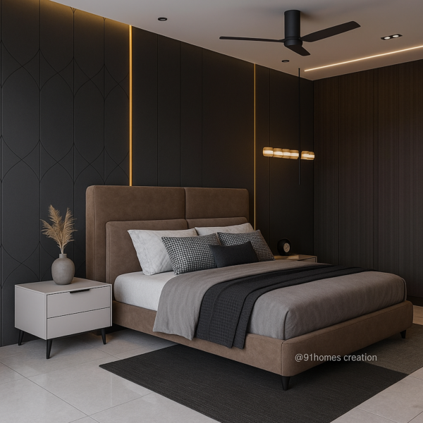 Luxury bedroom with upholstered bed, geometric black bed back wall panels