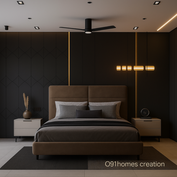 Matte Black Bed Back Wall with Taupe Suede Upholstered Bed