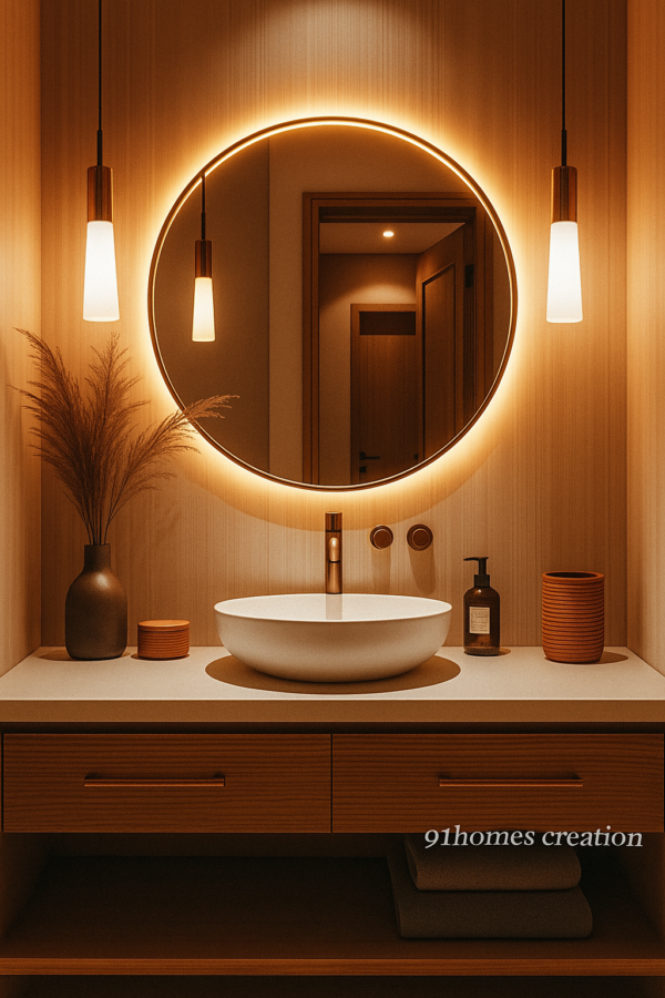 warm wood floating vanity with round LED mirror, warm wood paneling, and matte gold faucet