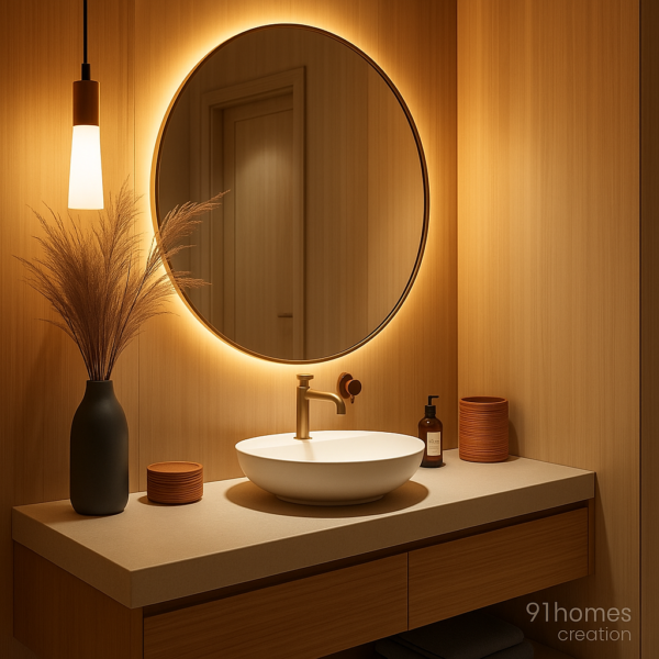 Side view of floating vanity with ceramic bowl sink, warm beige countertop, and wooden drawers