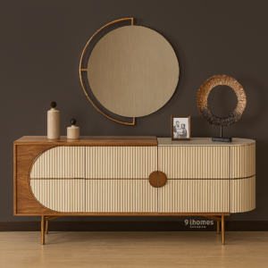 Bronze-wood foyer unit with round mirror and ribbed texture