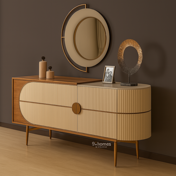 Modern entryway cabinet in beige and walnut wood with circular mirror