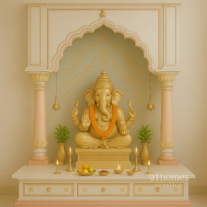Cream and gold pooja mandir with arched design and pastel pink pillars featuring Ganesha idol.