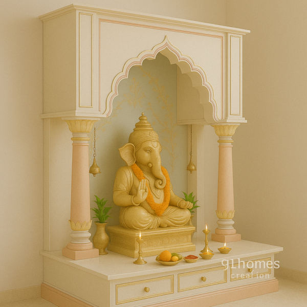 Side view of traditional home temple unit in light tones with marble finish and decorative detailing.