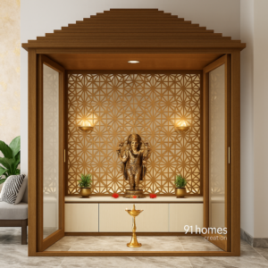 this Modern wooden mandir unit with brass diya, wooden frame, and 3D jaali wall panel.