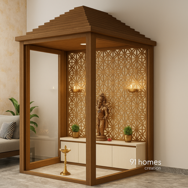 Side view of wooden pooja room with golden Ganesha idol and geometric jaali backdrop.