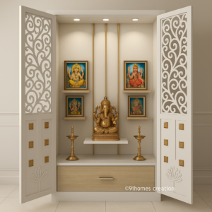 White square mandir unit with intricate jaali design and golden Ganesha idol