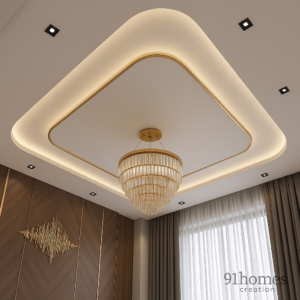 Beige gold false ceiling with LED cove lighting and chandelier in modern living room