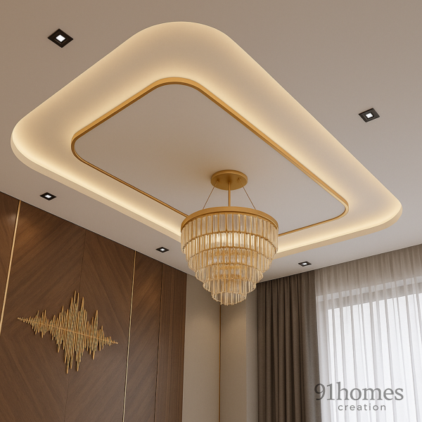 Square ceiling design with LED cove lighting and wooden wall paneling