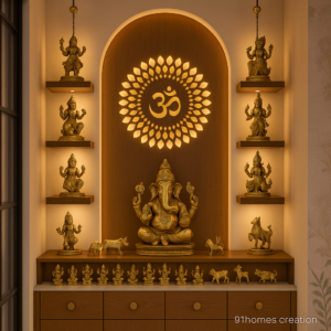 Golden brass Hindu idols arranged on floating wooden shelves in a warm-toned home temple with glowing Om symbol.