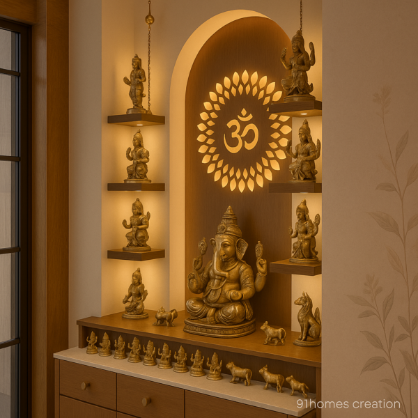 Modern pooja mandir with Ganesha idol, backlit arch niche, and wooden cabinet with marble top.