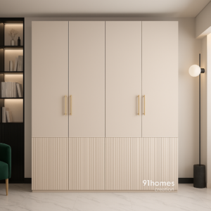 matte Beige fluted wardrobe with matte finish and gold handles.