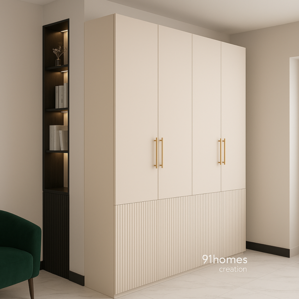 Modern 4-door built-in wardrobe in light beige with vertical grooves.