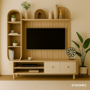 Rounded Edge TV Unit with matte beige finish and fluted panel background.