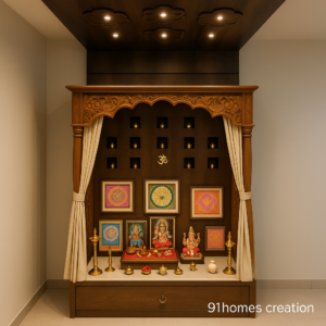Wooden pooja mandir with carved arch design, brass lamps, and walnut finish.
