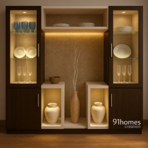 Dark Walnut and White Crockery Unit with LED lighting and glass doors.