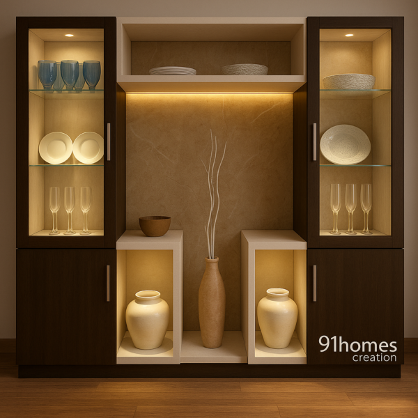 Dark Walnut and White Crockery Unit with LED lighting and glass doors.