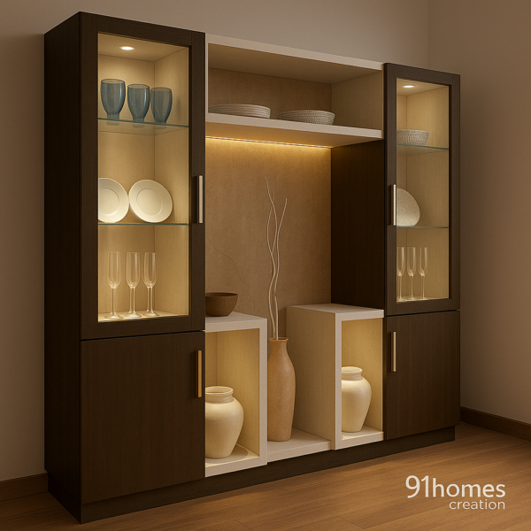 Modern display cabinet with ceramic vases, glass shelves, and dual-tone finish.