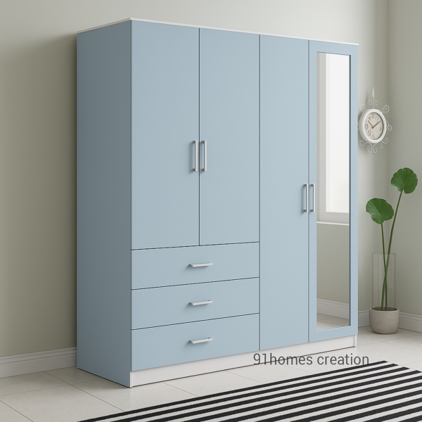 Modern 4-door laminate wardrobe with sleek handles and mirror finish