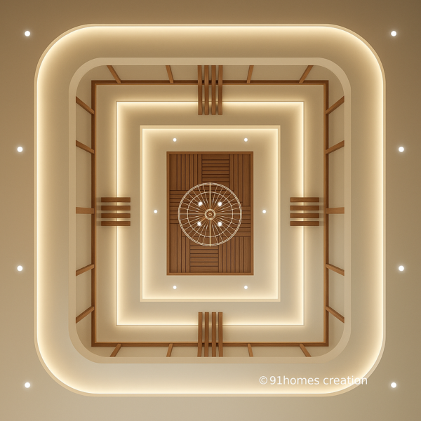 Beige and Wood Square False Ceiling for luxury living room