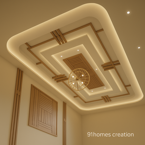 Beige tray ceiling with golden chandelier and wooden paneling for luxury interiors